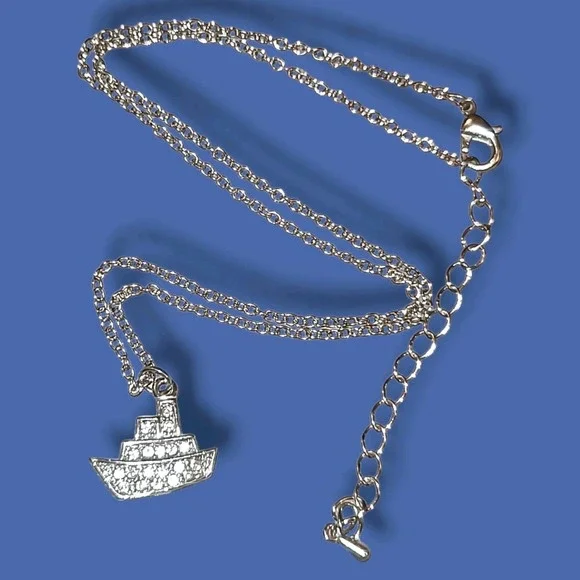 Dainty Silver Rhinestone Boat Charm Pendant Necklace‎ Nautical Cruise Ship Yacht - Picture 3 of 6
